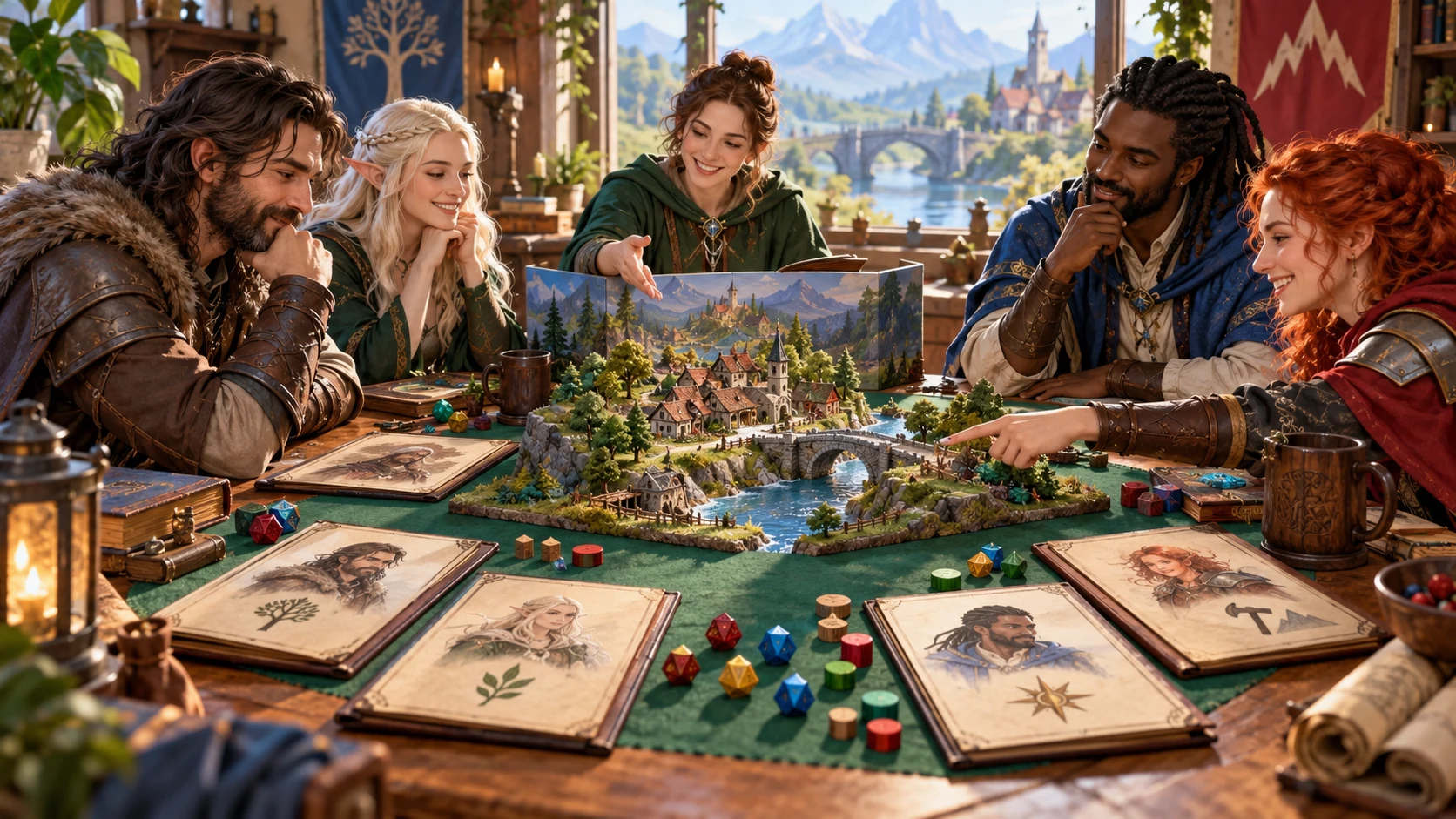 Fantasy editorial illustration of a party reviewing earned session progress